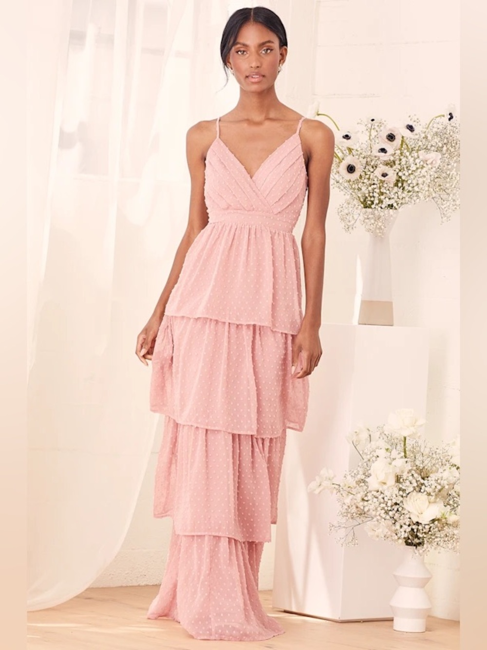 Lulus Love Stays True Rose Swiss Dot Tiered Maxi Dress